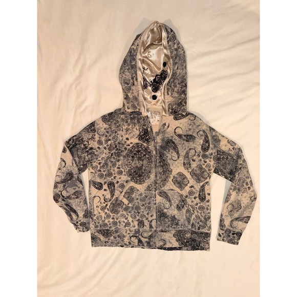 Oleg Cassini Sport Tops - Oleg Cassini Sport Paisley Zip Up Hoodie Satin Lined Embroidered Hood Cream L